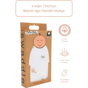 Caline Baby %100 Pamuk Premium & Hafif Müslin Bezi Örtüsü I 120x120 cm I Beyaz Gül Desenli &  4 Adet Ağız Mendili 27x27cm