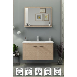 Fix Arya 100 Cm Banyo Dolabı,Seramik Lavabolu, Aynalı,Lavabo Dahil,Mdf,Aybe Bej