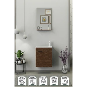 Fix Arya 50 Cm Banyo Dolabı,Seramik Lavabolu, Aynalı,Lavabo Dahil,Mdf,Aybe Kahve