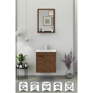 Fix Arya 55 Cm Banyo Dolabı,Seramik Lavabolu, Aynalı,Lavabo Dahil,Mdf,Aybe Kahve