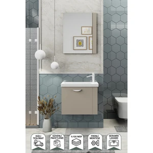 Fix Maxila 60 cm Banyo Dolabı,Seramik Lavabolu, Aynalı,Lavabo Dahil,Mdf,Latte