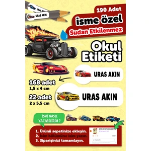 Okul Etiketi Kalem Defter Isimli Etiket Isim Yazılabilen Hot Wheels - 190 Adet Özel Tasarım Etiket