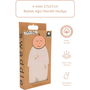 Caline Baby %100 Pamuk Premium & Hafif Müslin Bezi Örtüsü I 120x120 cm I Pudra I Gül Desenli &  4 Adet Ağız Mendili 27x27cm