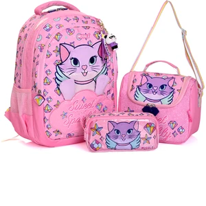 MU-5796 Pembe Kedi Desenli Okul Çanta Seti 3'lü – Sırt Çantası, Beslenme Çantası ve Kalemlik