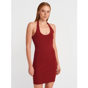91508 Halter Yaka Mini Elbise-Açık Bordo