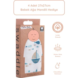 Caline Baby %100 Pamuk Premium & Hafif Müslin Bezi Örtüsü I 120x120 cm I Turkuaz I Gemi Desenli &  4 Adet Ağız Mendili 27x27cm