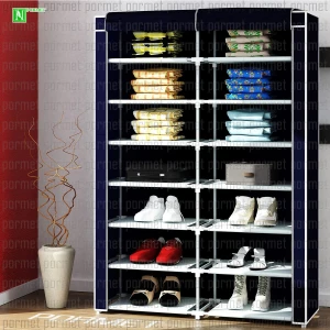 2 Bölmeli 14 Raflı Portatif Ayakkabılık Lacivert | Sertleştirilmiş Plastik Profilli