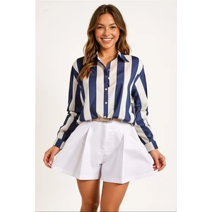 Kadın Lacivert Krem Çizgili Saten Gömlek HZL23S-BD1201731