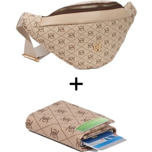 Kadın Desenli Mekanizmalı Cüzdan ve Çapraz Omuz Askılı Bel ve Omuz Çantası - Bej - NEWPOLO345