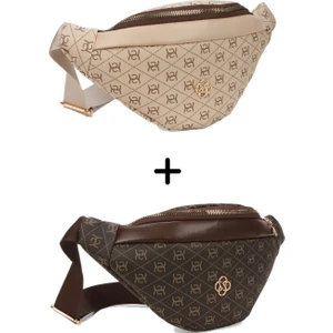 Kadın Desenli Çapraz Omuz Askılı Bel ve Omuz Çantası 2 Adet - Bej - Kahverengi- NEWPOLO345