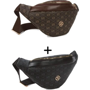 Kadın Desenli Çapraz Omuz Askılı Bel ve Omuz Çantası 2 Adet - Siyah - Kahverengi -NEWPOLO345