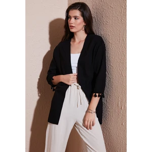 Pamuk ve Keten Karışımlı Püskül Detaylı Regular Fit Uzun Kimono Hırka Bayan Hırka 5869015