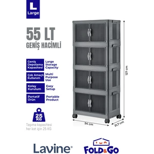 Lavine Fold&go 4'lü Portatif Organizer Tekerlekli Dolap Çok Amaçlı Kapaklı Katlanır ”Antrasit”