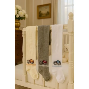 3lü Unisex Bebek & Çocuk Pamuklu Külotlu Çorap Renkli Araba Desenli