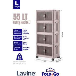 Lavine Fold&Go 4'lü Portatif Organizer Tekerlekli Dolap Çok Amaçlı Kapaklı Katlanır ”pudra”