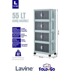 Lavine Fold&Go 4'lü Portatif Organizer Tekerlekli Dolap Çok Amaçlı Kapaklı Katlanır ”mavi”