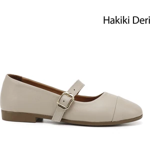 Kadın Antik Bej Baskılı Mary Jane Hakiki Deri Babet