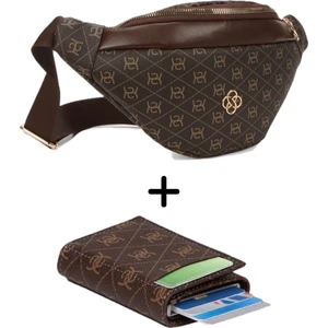 Newish Polo Kadın Desenli Mekanizmalı Cüzdan ve Çapraz Omuz Askılı Bel ve Omuz Çantası - Kahverengi - NEWPOLO345