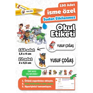 Okul Etiketi Kalem Defter Isimli Etiket Isim Yazılabilen Paw Petrol - 190 Adet Özel Tasarım Etiket