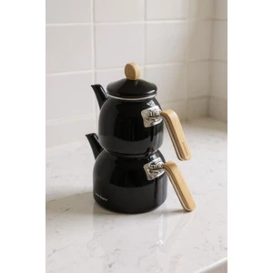 Sultan - Bambu Kulplu Emaye Çaydanlık Takımı Siyah