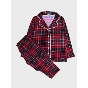 Kız Çocuk %100 Pamuklu Kırmızı Ekose Desenli Uzun Kollu Gömlek Yaka Düğmeli Pijama Takımı