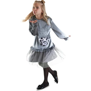 Leopar Cepli Kız Çocuk Gri Kadife Elbise