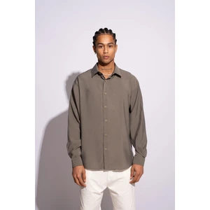 Erkek Uzun Kollu Oversize Dökümlü Modal Gömlek Haki	