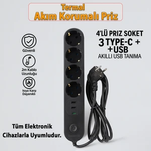 4 Prizli 3 USB Girişli Akım Korumalı Topraklı Golyat Grup Şarj Fiş Priz 2 Metre Uzatma Kablosu