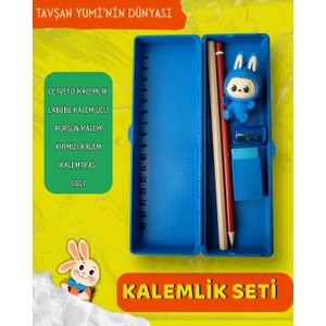 Tavşan Yumi Mavi Kalemlik Seti - Cetvelli Kalemlik, Kurşun Kalem, Kırmızı Kalem, Labubu Kalem Ucu, Kalemtraş, Silgi