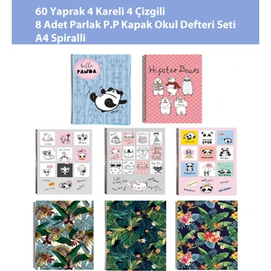 Spiralli A4 4 Çizgili 4 Kareli 8 Adet Okul Defteri Seti P.p Kapak Telli Defter