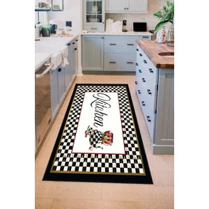 Dijital Baskılı Kaymaz, Yıkanabilir Mackenzie Dama Des. Yazılı Siyah Mutfak HALISI-DC-5032