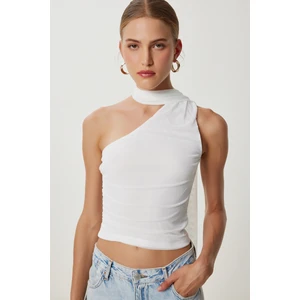 Tek Omuz Fularlı Tül Bluz LUB0217 Ekru