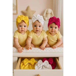 Fiyonklu Renkli Bebek Bone 3'lü Set- Sarı/Beyaz/Fuşya