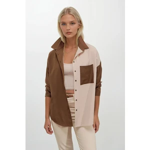 Kadın Kahverengi Krem Renk Bloklu Oversize Poplin Basic Gömlek HZL22S-BD1201161