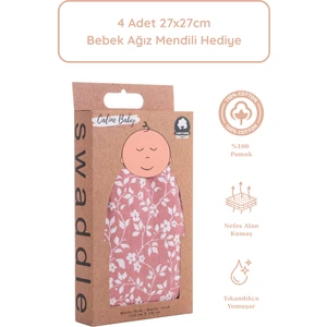 Caline Baby %100 Pamuk Premium & Hafif Müslin Bezi Örtüsü I 120x120 cm I Gülkurusu I Menekşe Desenli &  4 Adet Ağız Mendili 27x27cm