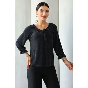 Moda Kadın Siyah Simli/taşlı/parlak/ışıltılı  Bağlama Detaylı Uzun Kollu Bluz – Zarif Tasarım, Şık ve Rahat Kombinler Için