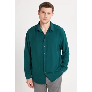 Oversize Mevsimlik Keten Dokulu Bol Kalıp Uzun Kollu Rahat Kullanım Erkek Yeşil Gömlek