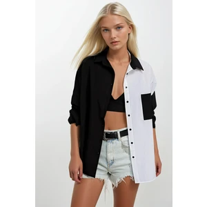 Kadın Siyah Beyaz Renk Bloklu Oversize Poplin Basic Gömlek HZL22S-BD1201161
