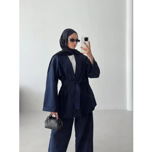 Kadın Oversize Dokuma Kumaş Kuşaklı Tunik-Pantolon Alt Üst Takım,ikili Takım