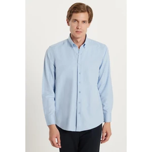 Regular Fit Düğmeli Yaka Pamuklu Kolay Ütü Oxford Düz Erkek Mavi Gömlek