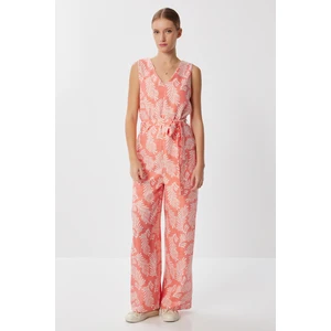 Desenli Kuşaklı Yazlık Örme Tulum LFF0038 Oranj