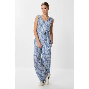 Desenli Kuşaklı Yazlık Örme Tulum LFF0038 Indigo Mavi