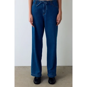 Koyu Denim Relax Yüksek Bel Bağlama Detaylı Pantolon