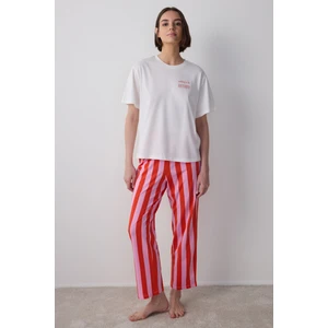 Mercan Chill Day Bisiklet Yaka Çizgili Pamuklu  Kısa Kol Pijama Takımı