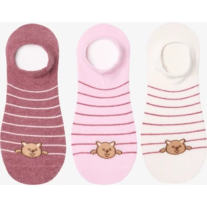 3 Çift Pamuklu Çizgili Kedicik Desenli Sneaker Çorap