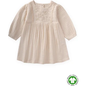 Organik Nakışlı Dantel Detaylı Müslin Elbise 1-10 Yaş Naturel