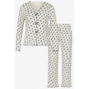 Kadın Pamuklu Çıtır Çiçek Desenli Baby Overloklu Fiyonk Detaylı Uzun Kollu Pijama Takımı