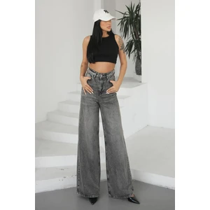 Kadın Gri Jeans Bol Paça Yüksek Bel