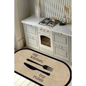 Dijital Baskılı Kaymaz Jüt Görünümlü Kitchen Siyah Çerçeveli Oval Mutfak HALISI-D5034