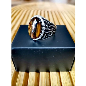 Gümüş Kaplama Kaplan Gözü Taşlı Erkek Yüzük